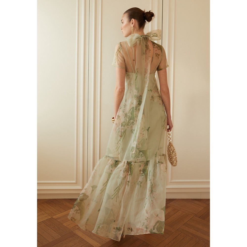 NWT CAARA Melody High Neck Organza Tie Neck Tiered Hem Dress - Size Large - Picture 11 of 14